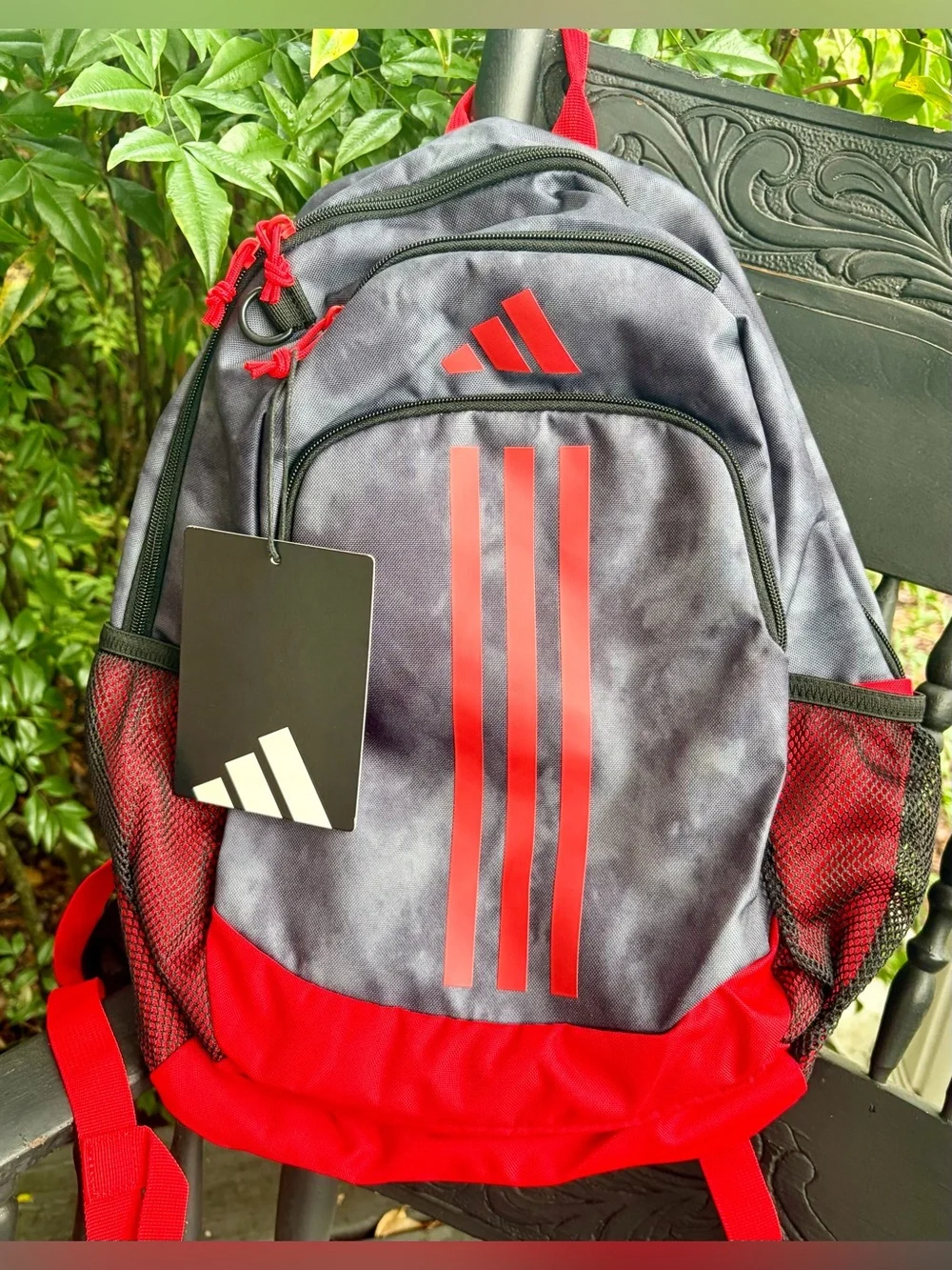 NWT ADIDAS Gray and Red Men's Backpack with Vertical Stripe Accents